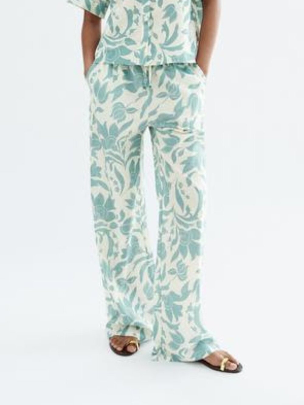 ZARA NWT Eva Pant Cotton Print Pants L Ecru Wide Leg Elastic Waist 100% Cotton